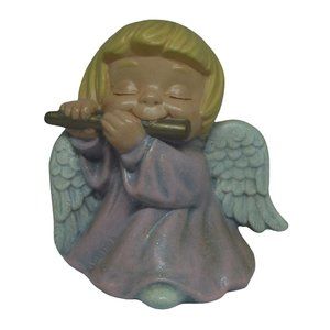 Vtg Albertas Molds INC Hand Painted Angel Playing Flute pink blonde glitter gold
